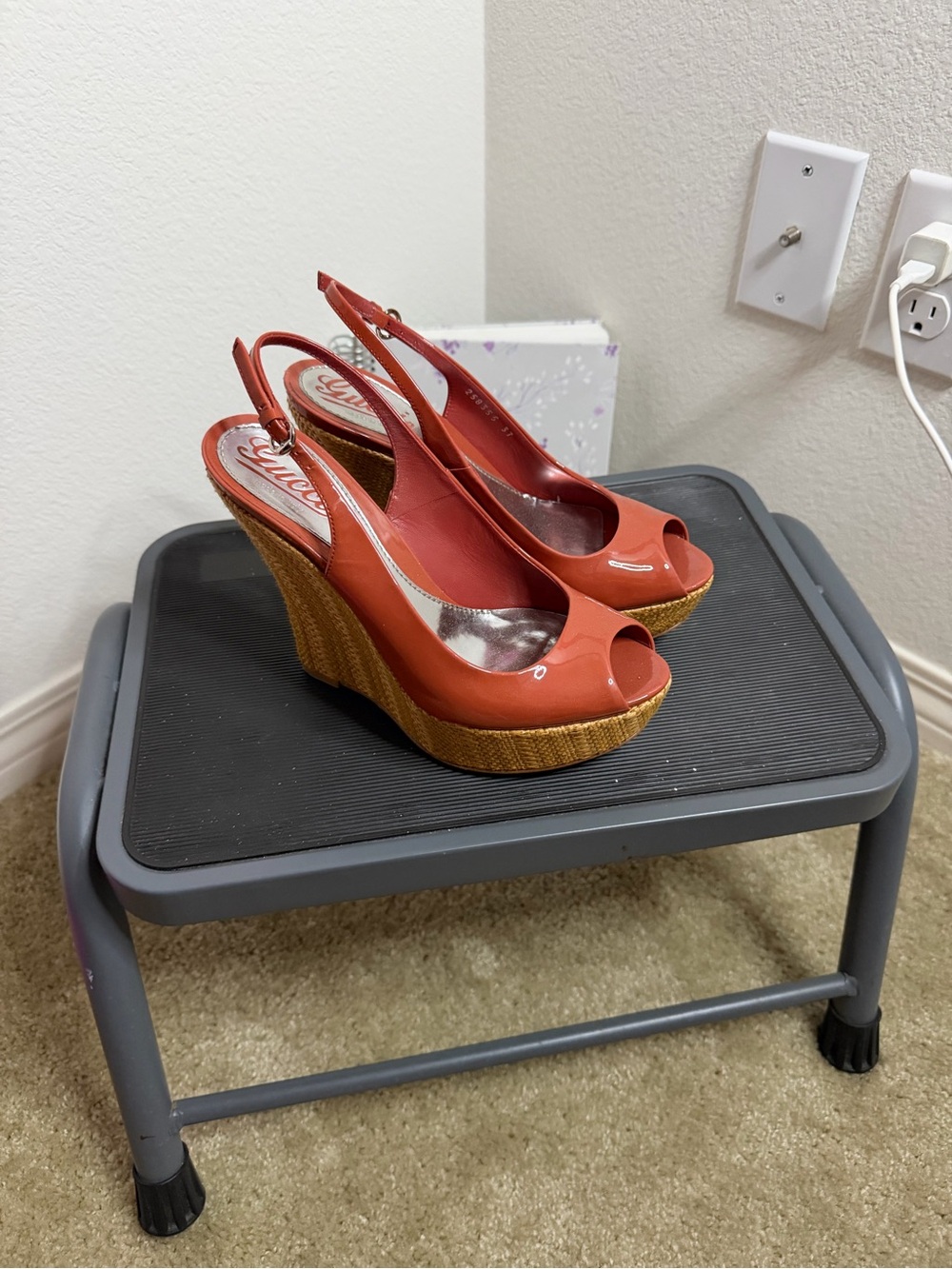 Gucci Coral Peep-Toe Slingback Wedge Sandals